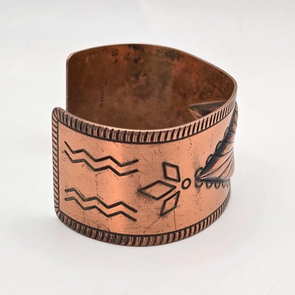 VTG Bell Trading Post Wide Copper Cuff Bracelet 6.5" Stamped Design Southwestern - Picture 4 of 7